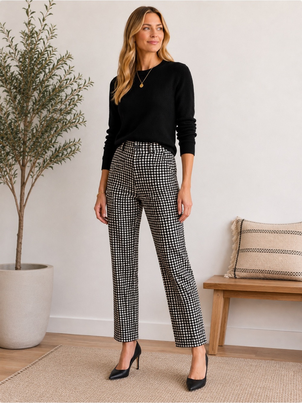 Talbots Black Buffalo Check Corduroy Pants 4P High Rise Straight Leg Stretch